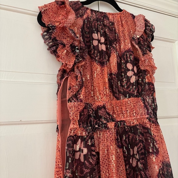 Ulla Johnson Akira Metallic Shibori Silk Printed Midi Dress Coral Pink‎ Size 6 - Picture 13 of 17